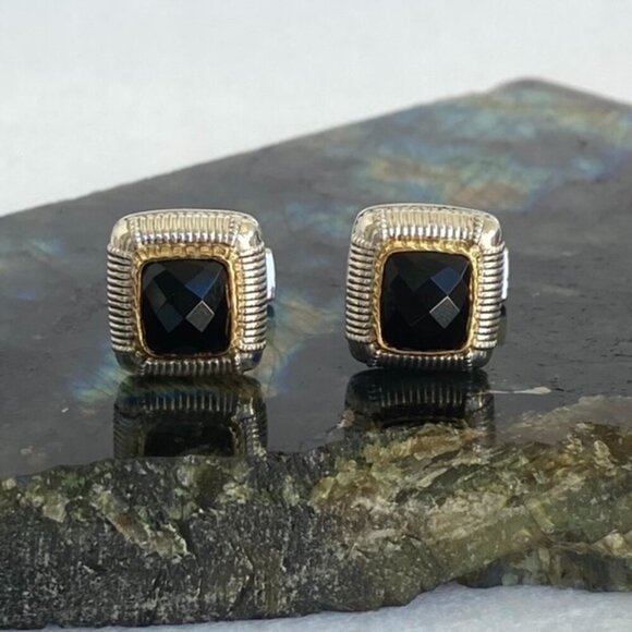 Judith Ripka Sterling Silver 925 18K Yellow Gold Faceted Black Onyx Cuff Links - Picture 12 of 16